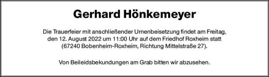 Traueranzeige von Gerhard Hönkemeyer von vrm-trauer Wormser Zeitung