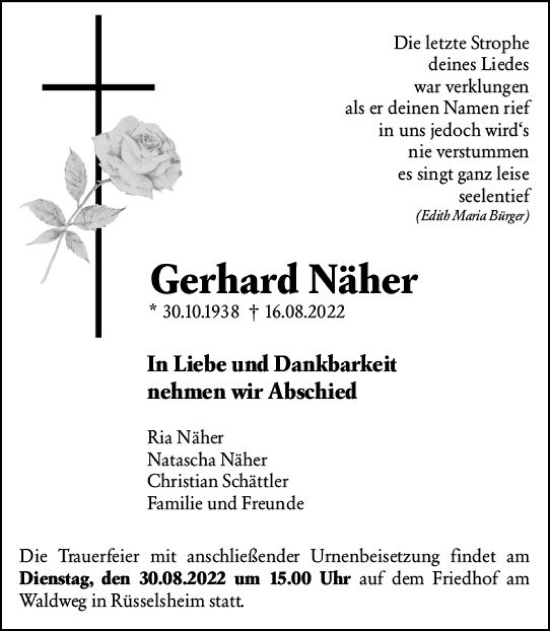Traueranzeige von Gerhard Näher von vrm-trauer Rüsselsheimer Echo / MainSpitze