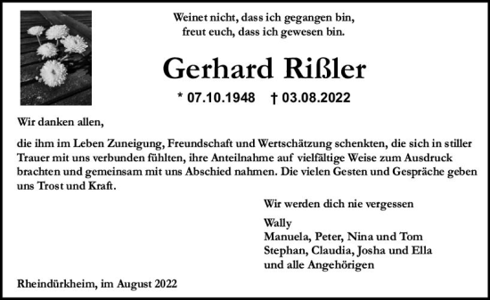 Traueranzeige von Gerhard Rißler von vrm-trauer Wormser Zeitung