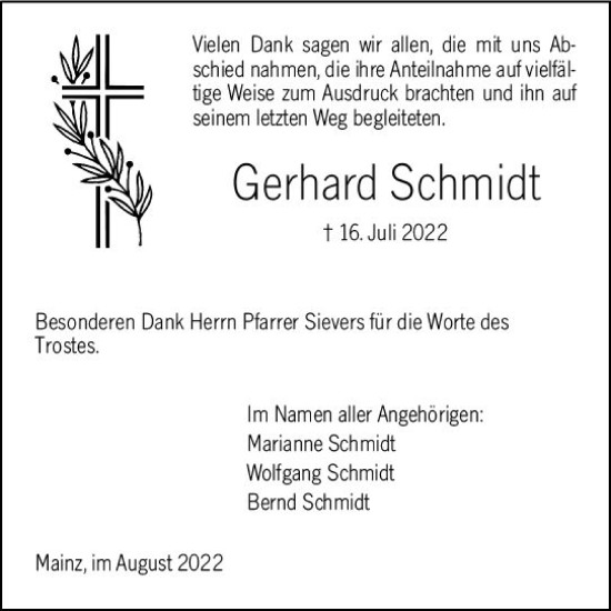 Traueranzeige von Gerhard Schmidt von vrm-trauer AZ Mainz