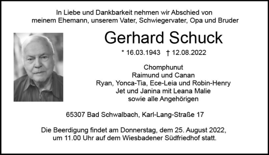Traueranzeige von Gerhard Schuck von vrm-trauer Wiesbadener Kurier