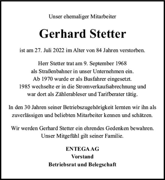 Traueranzeige von Gerhard Stetter von vrm-trauer Odenwälder Echo