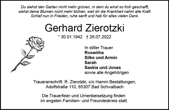 Traueranzeige von Gerhard Zierotzki von vrm-trauer Wiesbadener Kurier