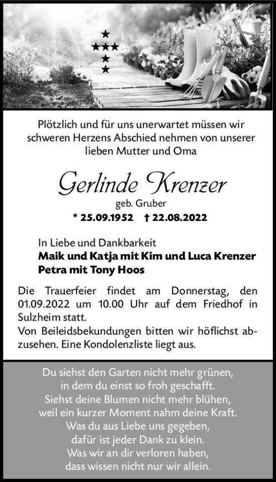 Traueranzeige von Gerlinde Krenzer von vrm-trauer Allgemeine Zeitung Alzey