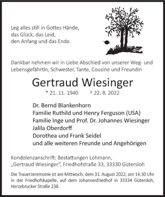 Traueranzeige von Gertraud Wiesinger von vrm-trauer Wiesbadener Kurier