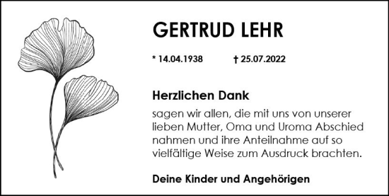 Traueranzeige von Gertrud Lehr von vrm-trauer AZ Mainz