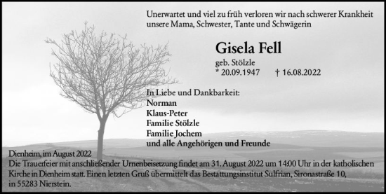 Traueranzeige von Gisela Fell von vrm-trauer AZ Mainz