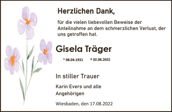 Traueranzeige von Gisela Träger von vrm-trauer Wiesbadener Kurier