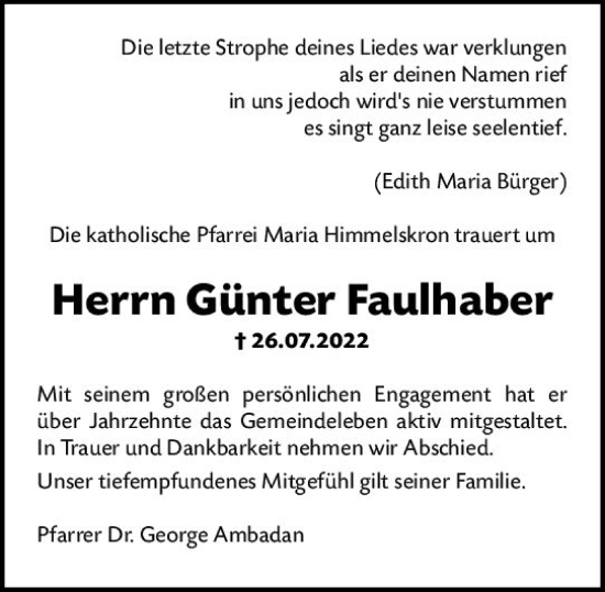 Traueranzeige von Günter Faulhaber von vrm-trauer Wormser Zeitung