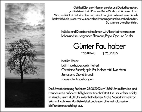 Traueranzeige von Günter Faulhaber von vrm-trauer Wormser Zeitung