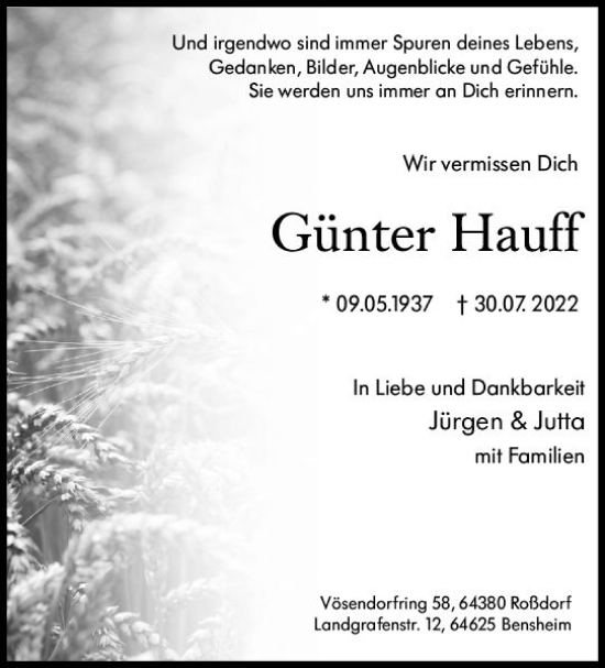 Traueranzeige von Günter Hauff von vrm-trauer Darmstädter Echo