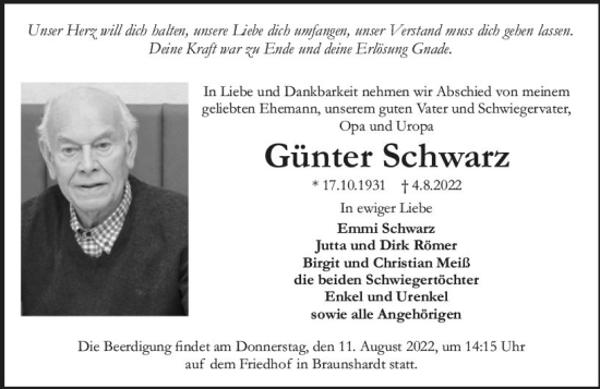 Traueranzeige von Günter Schwarz von vrm-trauer Darmstädter Echo