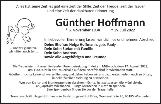Traueranzeige von Günther Hoffmann von vrm-trauer Wiesbadener Kurier