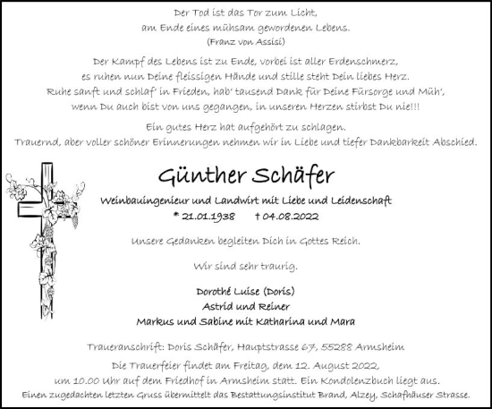 Traueranzeige von Günther Schäfer von vrm-trauer Allgemeine Zeitung Alzey