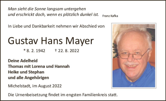 Traueranzeige von Gustav Hans Mayer von vrm-trauer Odenwälder Echo