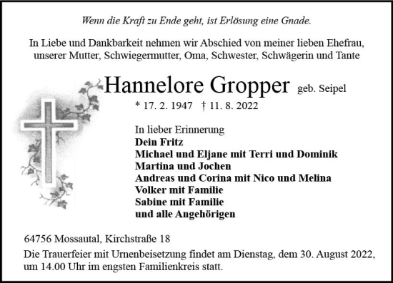 Traueranzeige von Hannelore Gropper von vrm-trauer Odenwälder Echo
