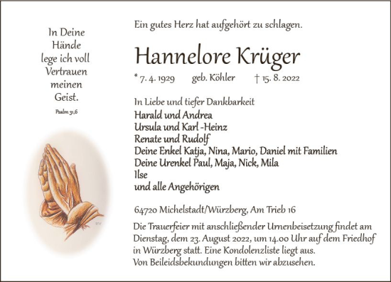 Traueranzeige von Hannelore Krüger von vrm-trauer Odenwälder Echo
