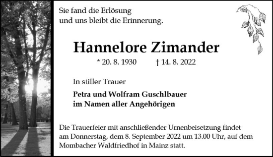 Traueranzeige von Hannelore Zimander von vrm-trauer AZ Mainz