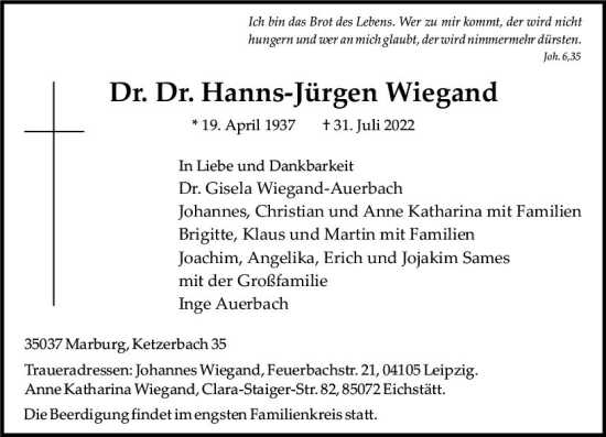 Traueranzeige von Hanns-Jürgen Wiegand von vrm-trauer Darmstädter Echo