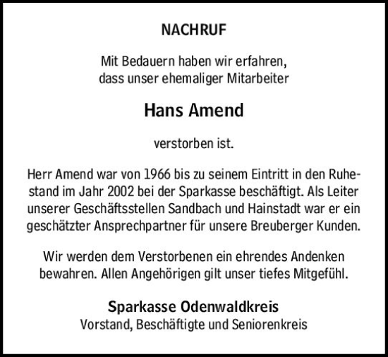 Traueranzeige von Hans Amend von vrm-trauer Odenwälder Echo