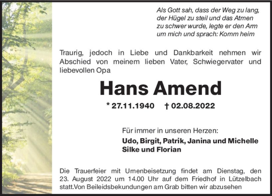 Traueranzeige von Hans Amend von vrm-trauer Odenwälder Echo