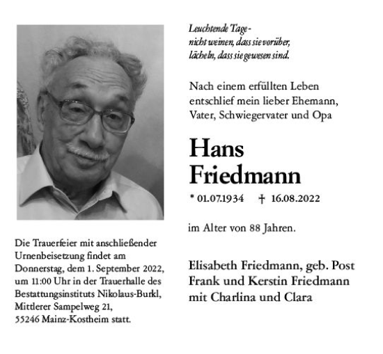Traueranzeige von Hans Friedmann von vrm-trauer Wiesbadener Kurier