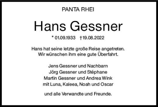 Traueranzeige von Hans Gessner von vrm-trauer Wiesbadener Kurier