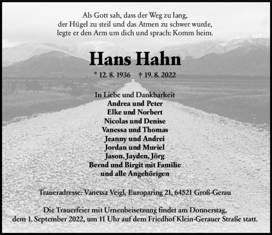 Traueranzeige von Hans Hahn von vrm-trauer Groß-Gerauer Echo