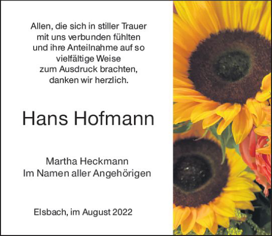 Traueranzeige von Hans Hofmann von vrm-trauer Odenwälder Echo