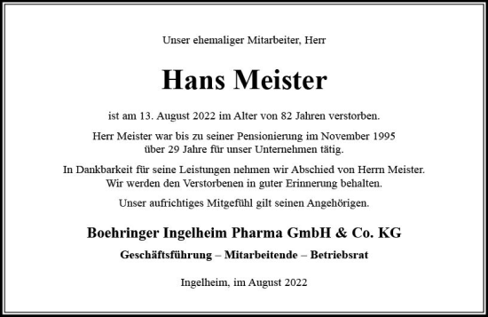 Traueranzeige von Hans Meister von vrm-trauer Allgemeine  Zeitung Ingelheim-Bingen