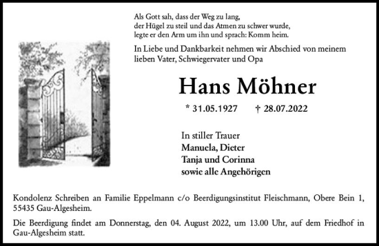 Traueranzeige von Hans Möhner von vrm-trauer Allgemeine  Zeitung Ingelheim-Bingen