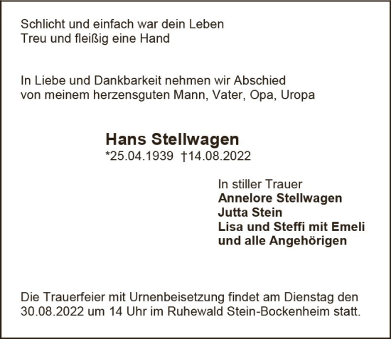Traueranzeige von Hans Stellwagen von vrm-trauer Allgemeine Zeitung Alzey