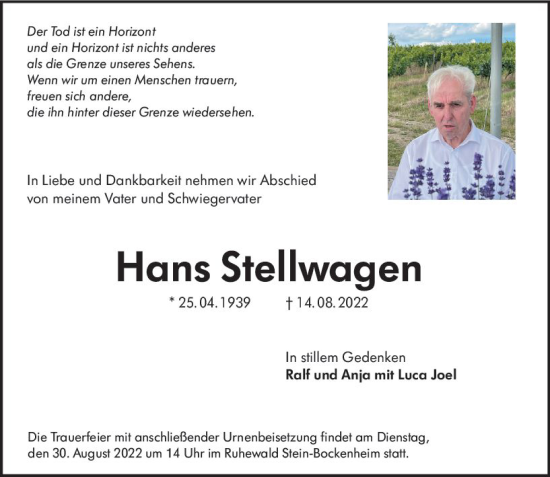 Traueranzeige von Hans Stellwagen von vrm-trauer Allgemeine Zeitung Alzey