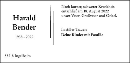 Traueranzeige von Harald Bender von vrm-trauer Allgemeine  Zeitung Ingelheim-Bingen
