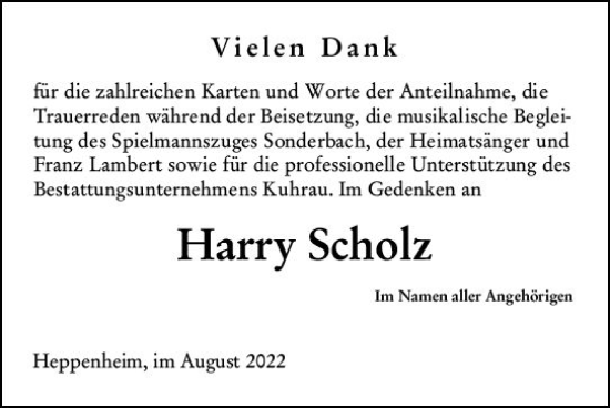 Traueranzeige von Harry Scholz von vrm-trauer Bürstädter/Lamperth. Ztg/Starkenburger
