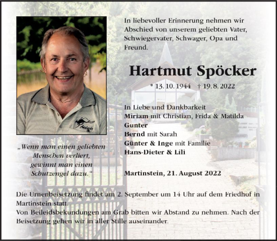 Traueranzeige von Hartmut Spöcker von vrm-trauer Allg. Zeitung Bad Kreuznach