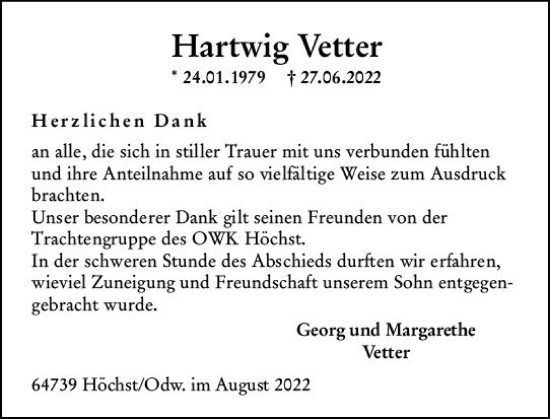 Traueranzeige von Hartwig Vetter von vrm-trauer Odenwälder Echo