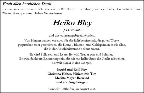 Traueranzeige von Heiko Bley von vrm-trauer Allgemeine Zeitung Alzey