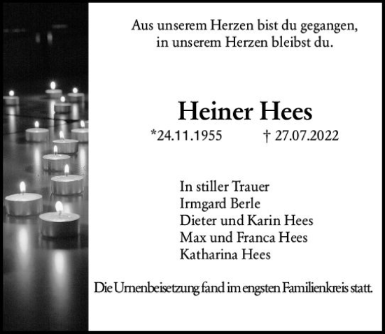 Traueranzeige von Heiner Hees von vrm-trauer Wormser Zeitung