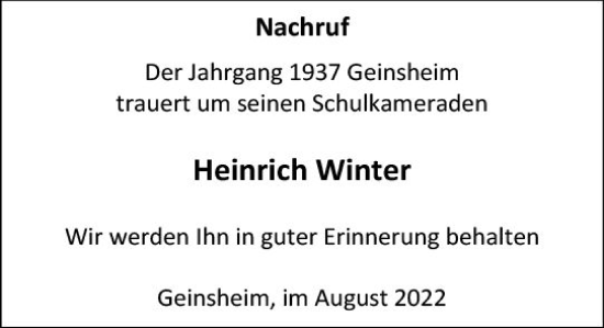 Traueranzeige von Heinrich Winter von vrm-trauer Groß-Gerauer Echo