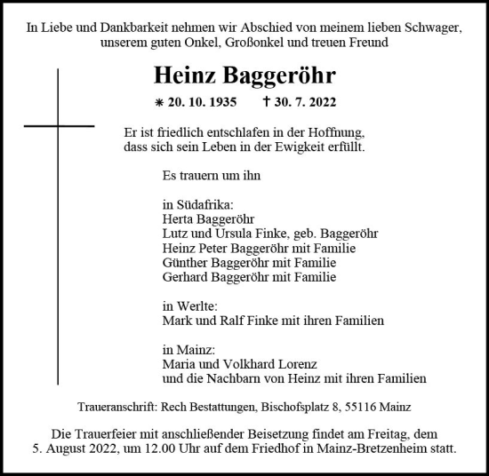 Traueranzeige von Heinz Baggeröhr von vrm-trauer AZ Mainz