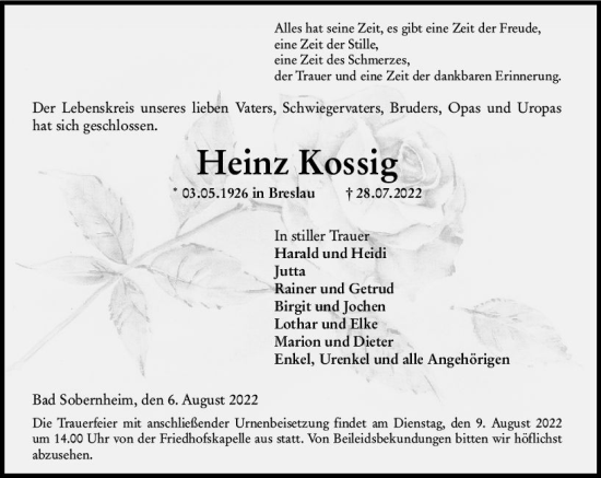 Traueranzeige von Heinz Kossig von vrm-trauer Allg. Zeitung Bad Kreuznach