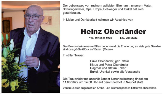 Traueranzeige von Heinz Oberländer von vrm-trauer Wiesbadener Kurier