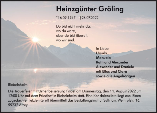 Traueranzeige von Heinzgünter Gröling von vrm-trauer Allgemeine Zeitung Alzey