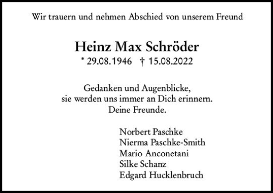 Traueranzeige von Heinz Max Schröder von vrm-trauer Darmstädter Echo