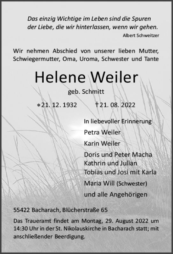 Traueranzeige von Helene Weiler von vrm-trauer Allgemeine  Zeitung Ingelheim-Bingen