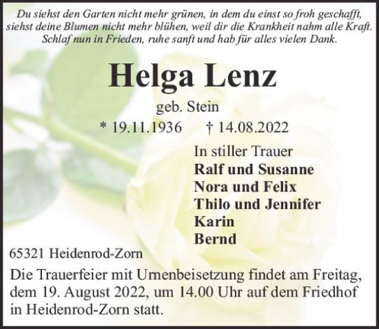 Traueranzeige von Helga Lenz von vrm-trauer Wiesbadener Kurier
