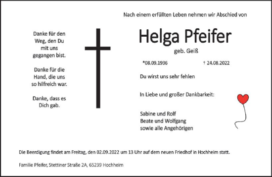 Traueranzeige von Helga Pfeifer von vrm-trauer AZ Mainz