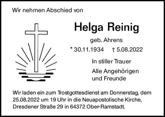 Traueranzeige von Helga Reinig von vrm-trauer Darmstädter Echo