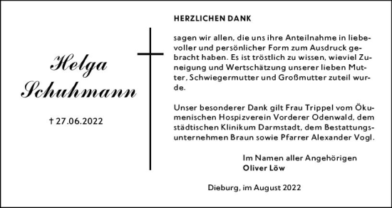 Traueranzeige von Helga Schuhmann von vrm-trauer DieburgerAnzeiger/Groß-Zimmerner Lokala